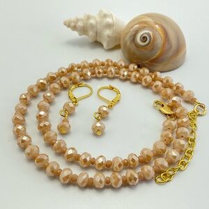 Golden Beige Crystal Necklace & Earrings, Neutral,  Minimalist, Handmade